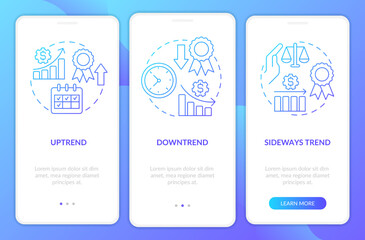 Types of trends blue gradient onboarding mobile app screen. Stock market walkthrough 3 steps graphic instructions with linear concepts. UI, UX, GUI template. Myriad Pro-Bold, Regular fonts used