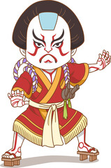 Cartoon illustration of Kabuki actor.	