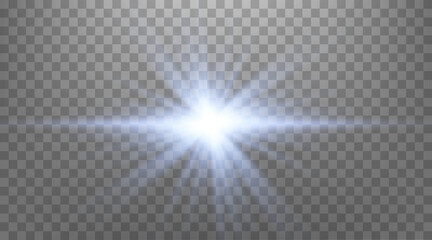 Blue horizontal lens flare. Isolated on transparent background. Sun flash with rays or spotlight and bokeh. Glow flare light effect. Vector illustration.