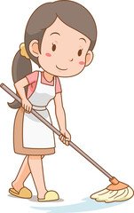 Cartoon character of housewife cleaning the floor.	