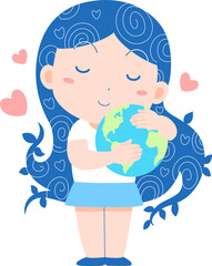 Cartoon illustration of girl hugging the world, earth day, world humanitarian day, world peace day.	