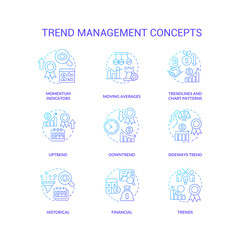 Trend management blue gradient concept icons set. Tendencies analysing process. Business strategy idea thin line color illustrations. Isolated symbols. Roboto-Medium, Myriad Pro-Bold fonts used