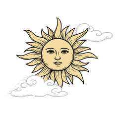 The Sun with face among the clouds. Mystical heaven hand drawn illustration. Sketch style. Astrology and witchcraft symbol. Engrave vintage stylized. Vector drawing.