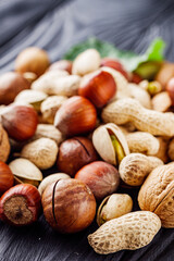 set of different nuts on a black rustic wooden background