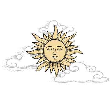 The Sun with face and closed eyes among the clouds. Mystical heaven hand drawn illustration. Sketch style. Astrology and witchcraft symbol. Engrave vintage stylized. Vector drawing.