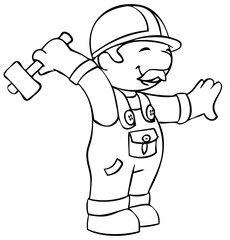 Construction worker with a hammer. Element for coloring page. Cartoon style.