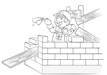 Construction worker with a trowel. Element for coloring page. Cartoon style.