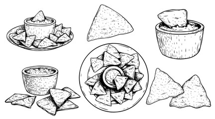 Nachos sketch style set. Single, group on plate and with sauce nachos. Top view. Traditional mexican food collection. Hand drawn. Retro style. Vector illustration for menu designs. 