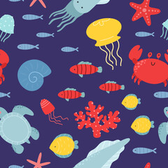 Seamless pattern with underwater world, fish, crab, turtle, jellyfish, squid, starfish. Vector print. Marine theme.