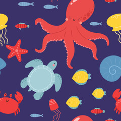 Seamless pattern with underwater world, octopus, fish, crab, turtle, jellyfish, squid, starfish. Vector print. Marine theme.