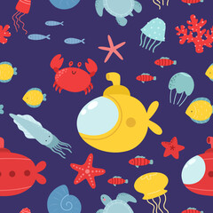 Obraz na płótnie Canvas Seamless pattern with underwater world, fish, crab, turtle, jellyfish, squid, starfish. Vector print. Marine theme.