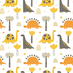 Vector colored seamless children's pattern with cute palm trees and dinosaurs in scandinavian style on a white background