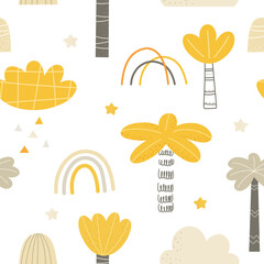 Vector colored seamless childish pattern with cute palm trees and a rainbow in scandinavian style on a white background. Childish texture for textiles, wallpapers, bed linen, covers.