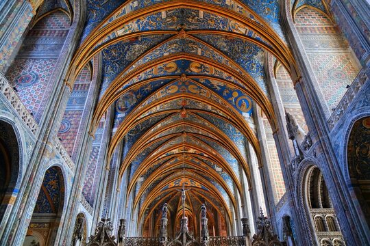 ALBI, FRANCE - SEPTEMBER 29, 2021: Vaulted ceiling paintings of Albi Cathedral in France. The Cathedral Basilica of Saint Cecilia is a UNESCO World Heritage Site.