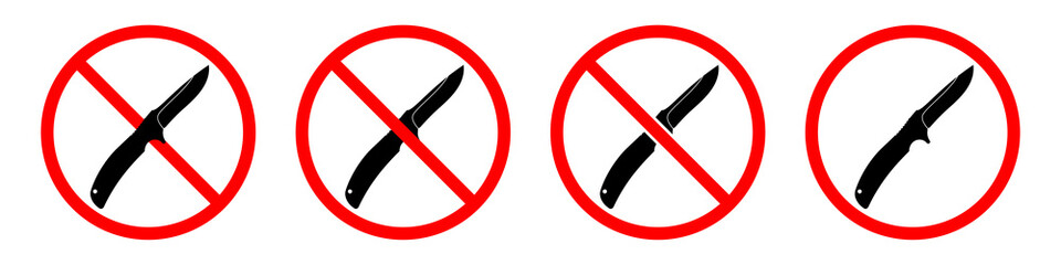 Knife ban sign. No Knife sign. Prohibition signs set. Dangerous weapon. Vector illustration.