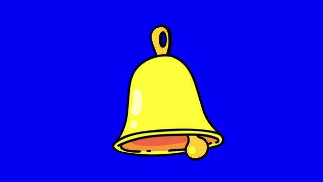 Big bell golden yellow ringing cartoon animation. Alarm or going to school maybe to church mass, work etc. Seamless isolated loop on blue box background.