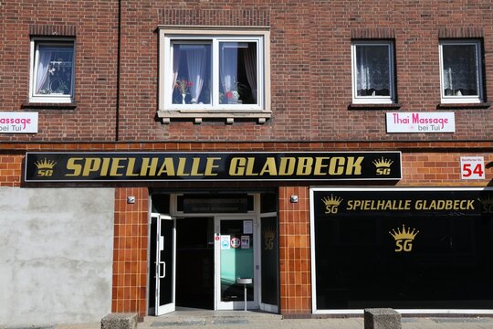 GLADBECK, GERMANY - SEPTEMBER 20, 2020: Spielhalle gambling arcade in Germany. In 2018 almost 9,000 locations in Germany had "Spielhalle" license (amusement arcade).