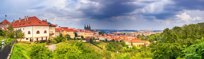 Naklejka na ściany i meble City summer landscape, panorama, banner - top view of the historical center of Prague, Czech Republic