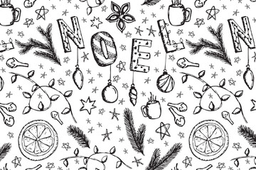 Doodle Christmas Vector Seamless Pattern. Monochrome repeated Illustration with spice, orange and christmas lights for New Year Wrapping paper, Wallpaper, textile, poster, greeting card. EPS10