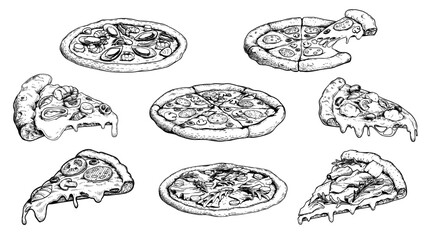 Hand drawn sketch style pizza set. Different types of pizza. Whole and pieces with melted cheese. Best for menu design and packaging. Vector illustrations.