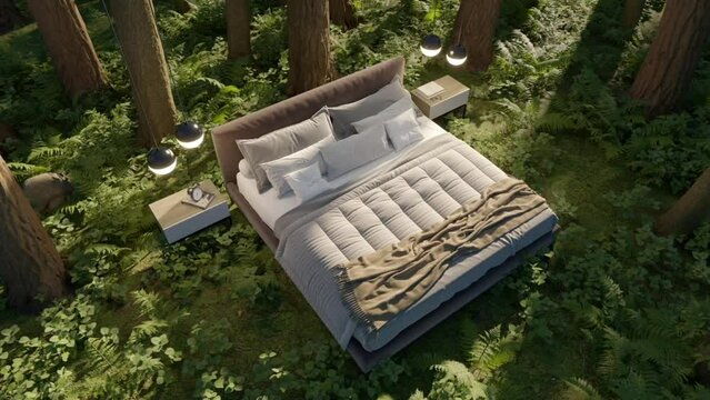 3d-render. A bed in an summer forest in a clearing among trees.