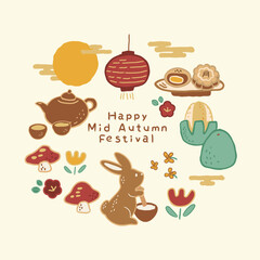 Mid autumn festival cute design elements set, rabbit, moon, mooncakes, lanterns, pomelo, tea set, clouds. Isolated objects.