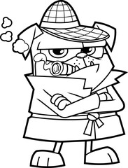Outlined Cute Detective Pug Dog Cartoon Character Thinks Smoking A Cigar. Vector Hand Drawn Illustration Isolated On Transparent Background