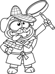 Outlined Funny Detective Pug Dog Cartoon Character Holding Up A Large Magnifying Glass. Vector Hand Drawn Illustration Isolated On Transparent Background