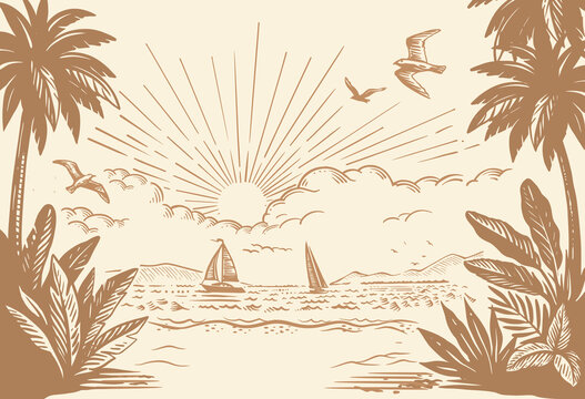Yachts on sea. Hand drawn nautical seascape with palm trees