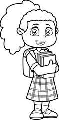 Outlined School Girl Cartoon Character Hold Textbooks. Vector Hand Drawn Illustration Isolated On Transparent Background