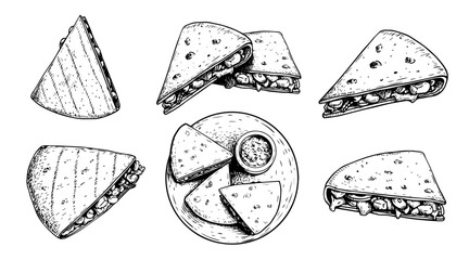 Hand drawn sketch style quesadillas set. Traditional mexican fast food. Single, group and top view on plate with sauce. Vector illustrations on white background.