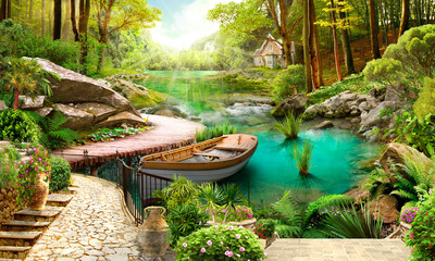 A boat in the pond by the terrace, a beautiful house in the forest.