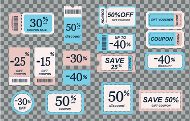 Modern sale vouchers on transparent background. Coupon mockup design for sales and gift social media posts, collection of discount tickets. Vector image banner with promo code offer isolated set