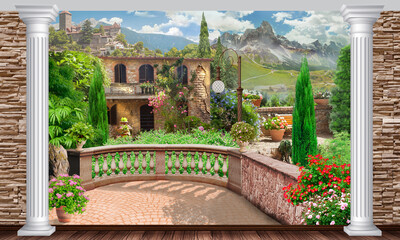 Photo wallpapers. Collage with a view from the balcony to the mountain village.