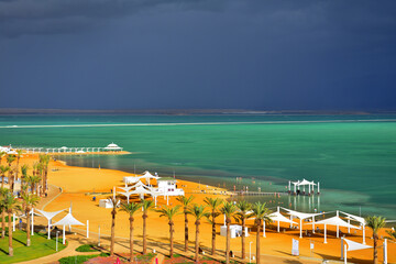 Holy Land of Israel. Green Dead Sea before storm. View over Ein Bokek.