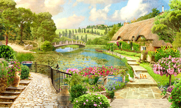 Digital collage, terrace overlooking a pond with a country house. Photo wallpapers.