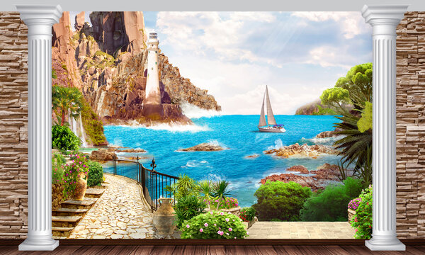 A Mediterranean bay with a lighthouse and a sailing boat. Photo wallpapers.