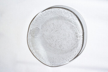 transparent, corrugated glass plate with fish pattern