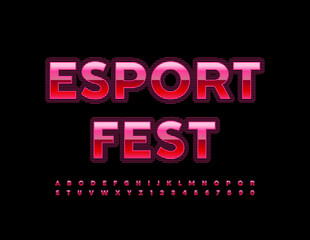 Vector techno flyer Esport Fest. Pink glossy Font. Digital Alphabet Letters and Numbers set
