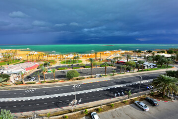 Holy Land of Israel. Green Dead Sea before storm. View over Ein Bokek.