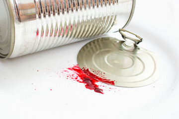 Aluminum tin can with blood splatter on white background