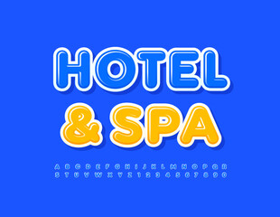Vector touristic banner Hotel and Spa. Blue Alphabet Letters and Numbers set. Modern glossy Font