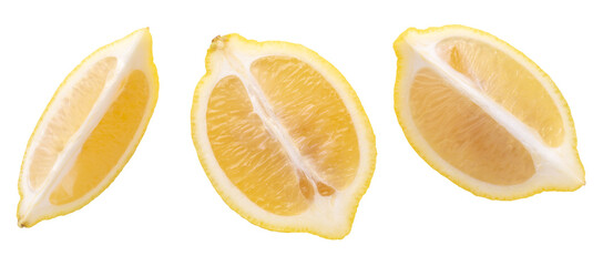 Ripe slice of yellow lemon citrus fruit isolated over alpha background