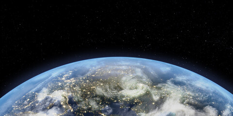 global earth views from space with city lights in Europe. World Night. Concept business or European communication technology background. 3d illustration