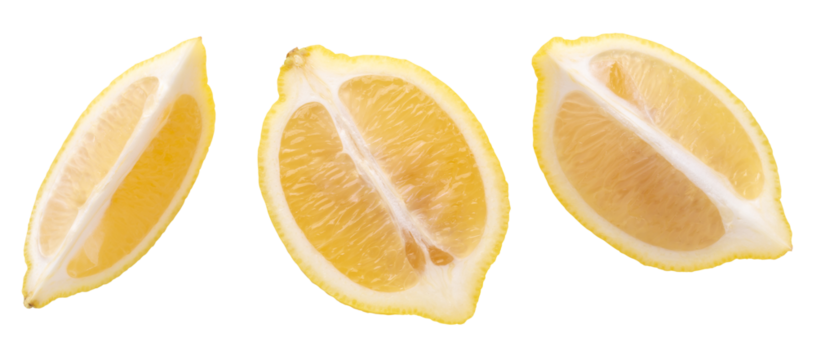 Ripe slice of yellow lemon citrus fruit isolated over alpha background