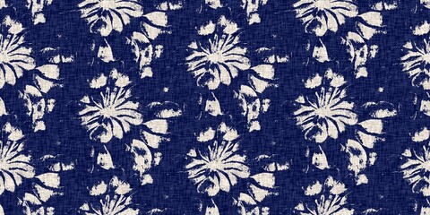 Summer indigo batik block print dyed motif seamless border pattern. Fashion edging ribbon trim for beach wear. Masculine shirt tie dye effect. Repeatable woven endless band - obrazy, fototapety, plakaty