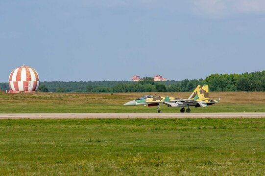 MAKS-2011. Soviet-Russian multipurpose fighter Su-35 (NATO - Flanker-E) on runway after landing. Close-up. Zhukovsky, Russia - August 16, 2011