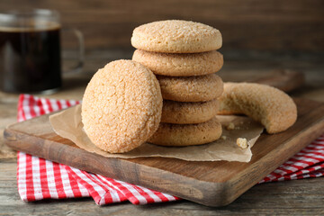 Delicious sugar cookies on wooden table, closeup