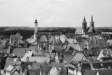 Aerial view of the old town of “Rothenburg ob der Tauber“ from a defense Tower in Bavaria...