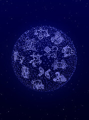 Horoscope illustration. Astrology with zodiac signs on the background of the constellation map. Realistic illustration of zodiac signs. © Artem